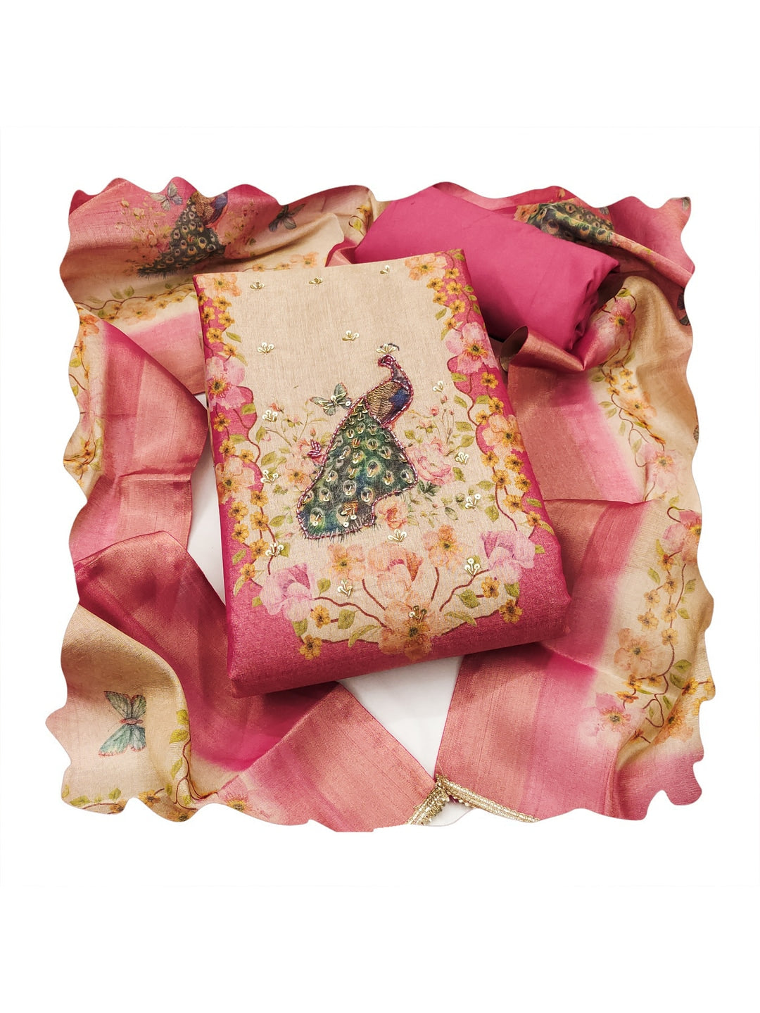 Peachmode Pink Peacock Printed Cotton Unstitched Dress Material - Image 1