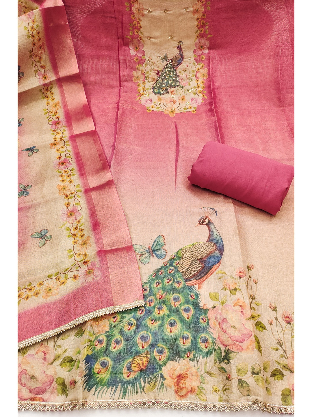Peachmode Pink Peacock Printed Cotton Unstitched Dress Material - Image 3