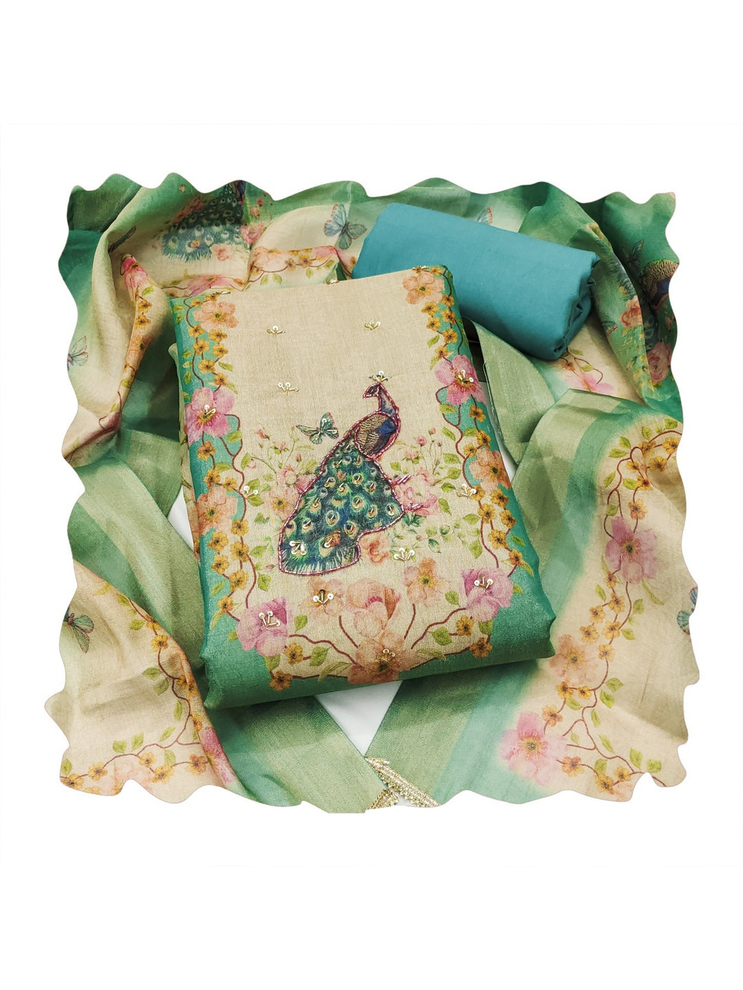 Peachmode Green Peacock Printed Cotton Unstitched Dress Material - Image 1