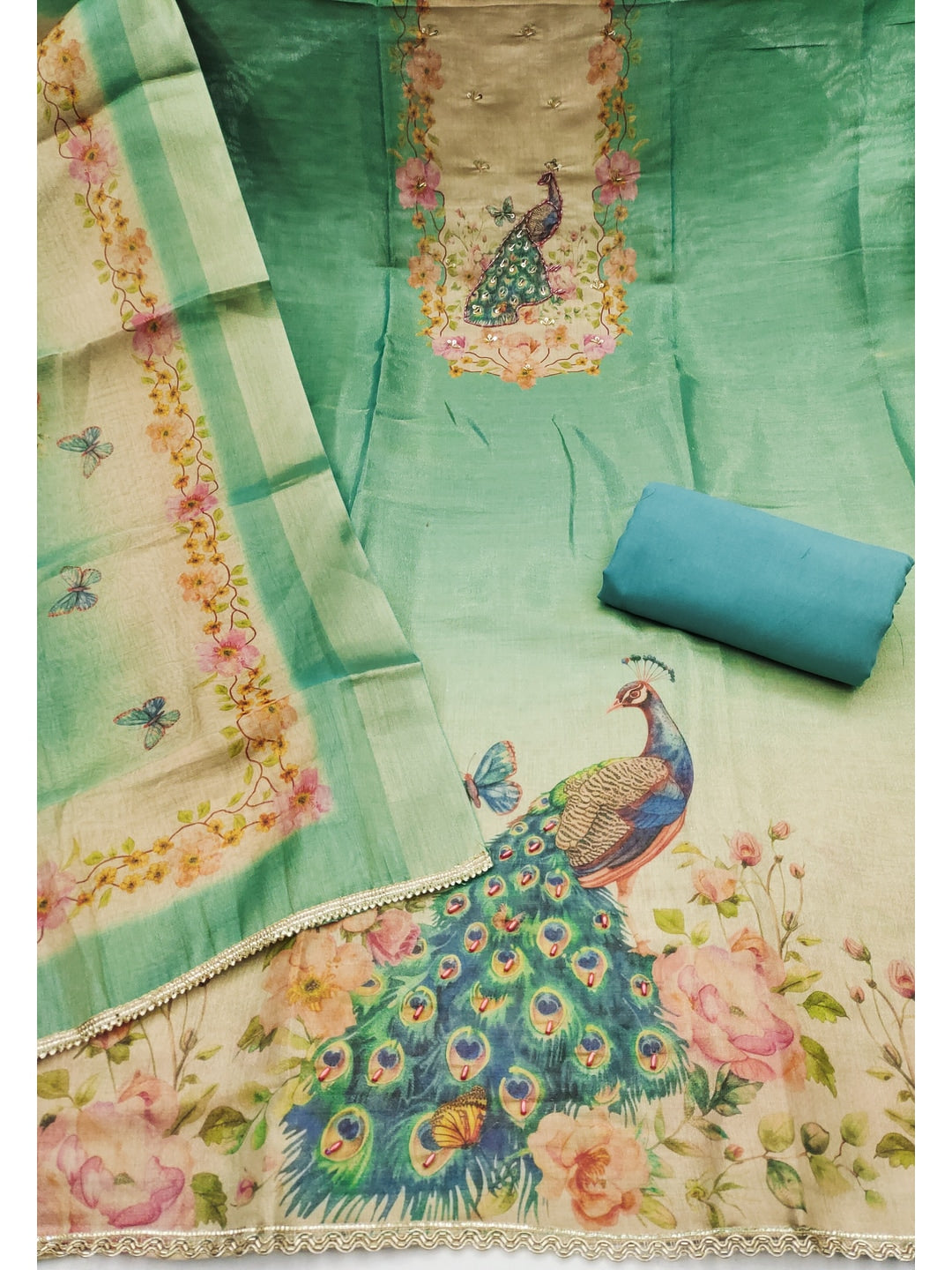 Peachmode Green Peacock Printed Cotton Unstitched Dress Material - Image 3