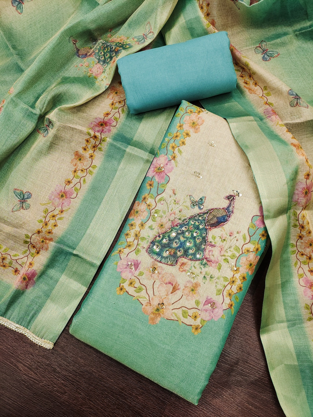 Peachmode Green Peacock Printed Cotton Unstitched Dress Material - Image 4