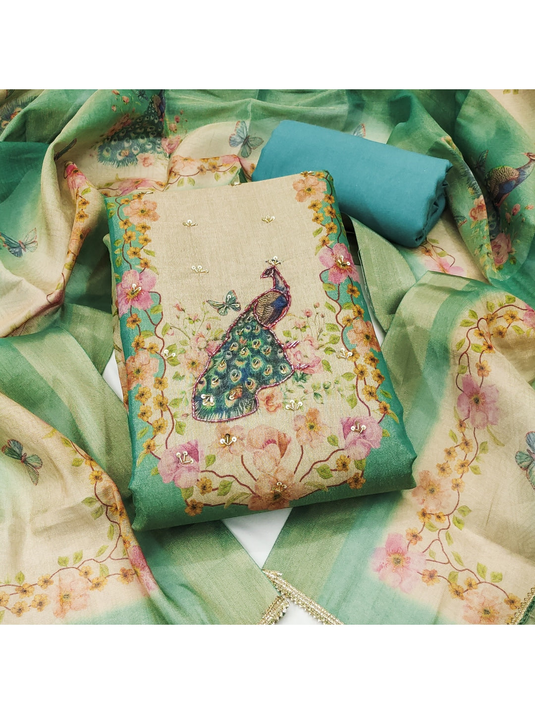 Peachmode Green Peacock Printed Cotton Unstitched Dress Material - Image 5