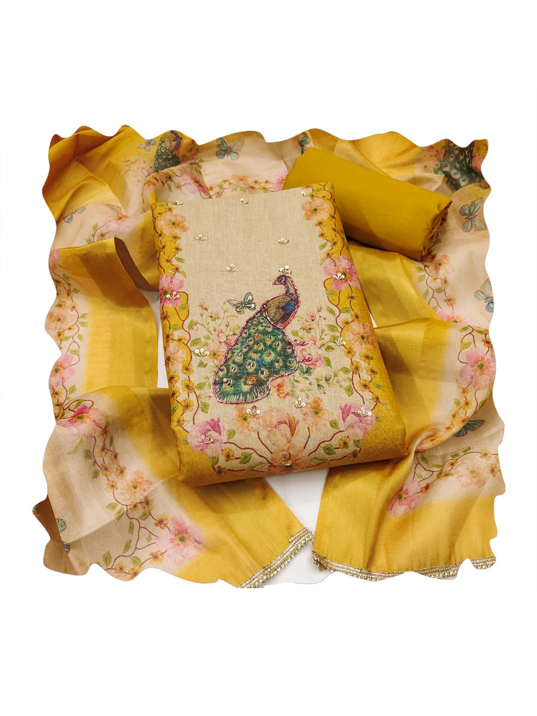 Peachmode Yellow Peacock Printed Cotton Unstitched Dress Material - Image 1