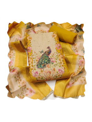 Peachmode Yellow Peacock Printed Cotton Unstitched Dress Material - Image 1