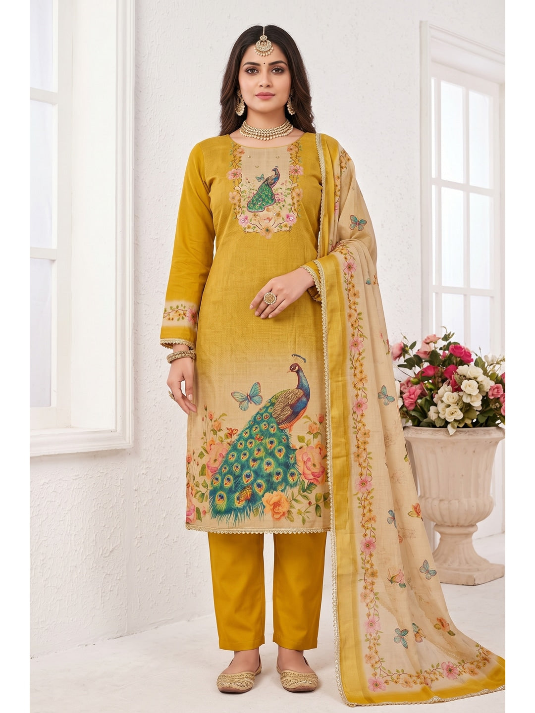 Peachmode Yellow Peacock Printed Cotton Unstitched Dress Material - Image 2