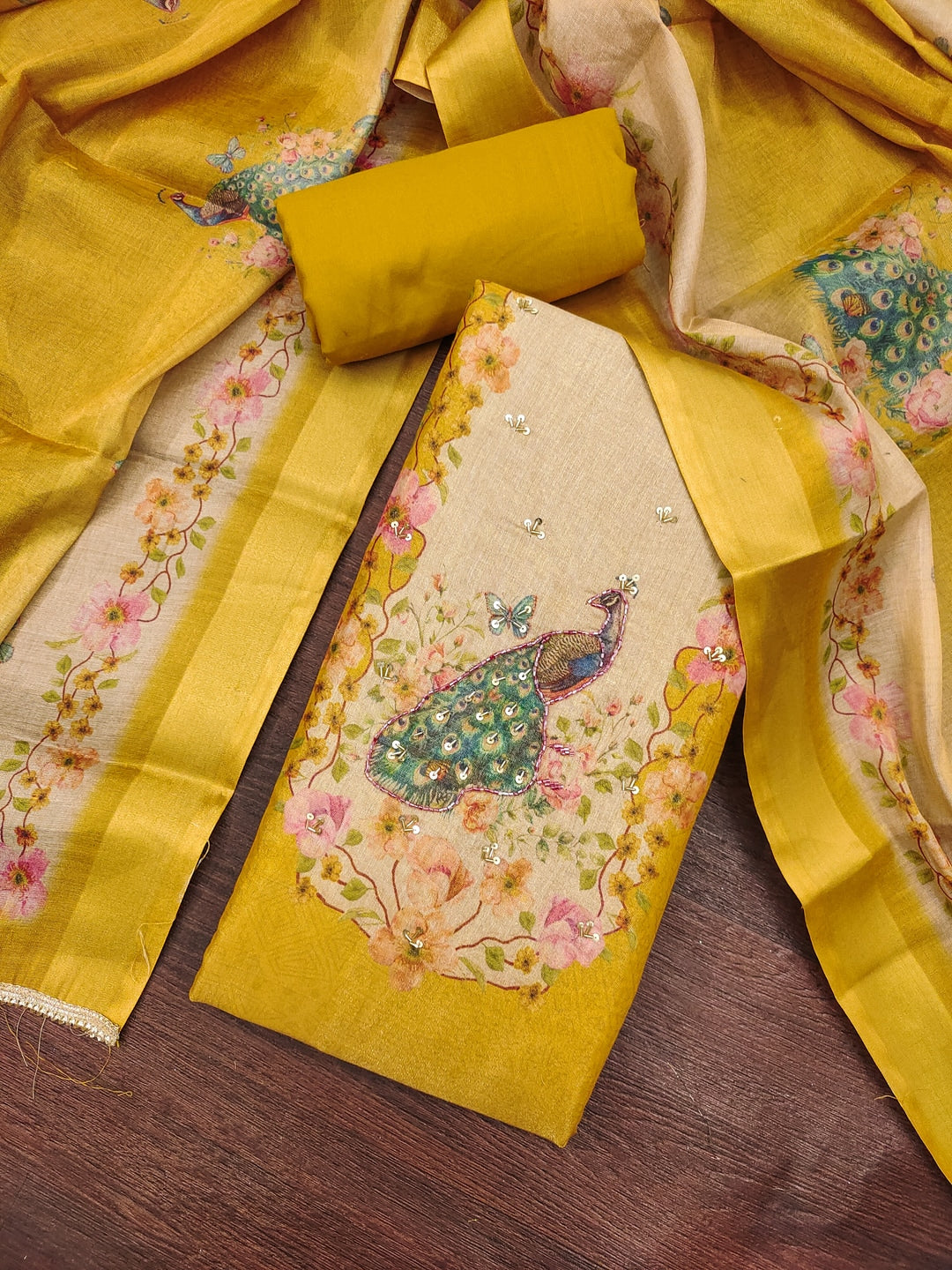 Peachmode Yellow Peacock Printed Cotton Unstitched Dress Material - Image 4