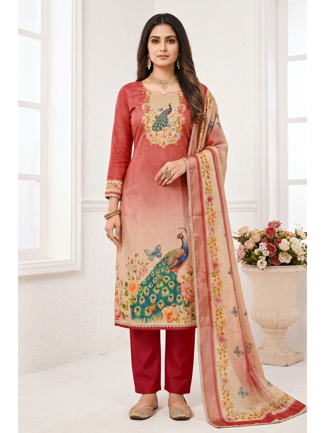 Peachmode Rust Peacock Printed Cotton Unstitched Dress Material - Image 2