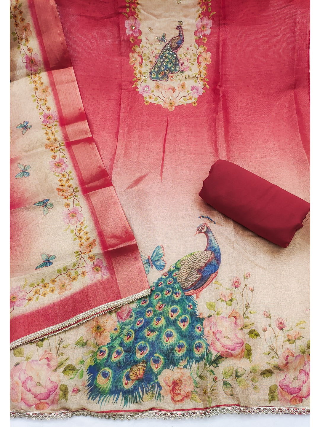 Peachmode Rust Peacock Printed Cotton Unstitched Dress Material - Image 3
