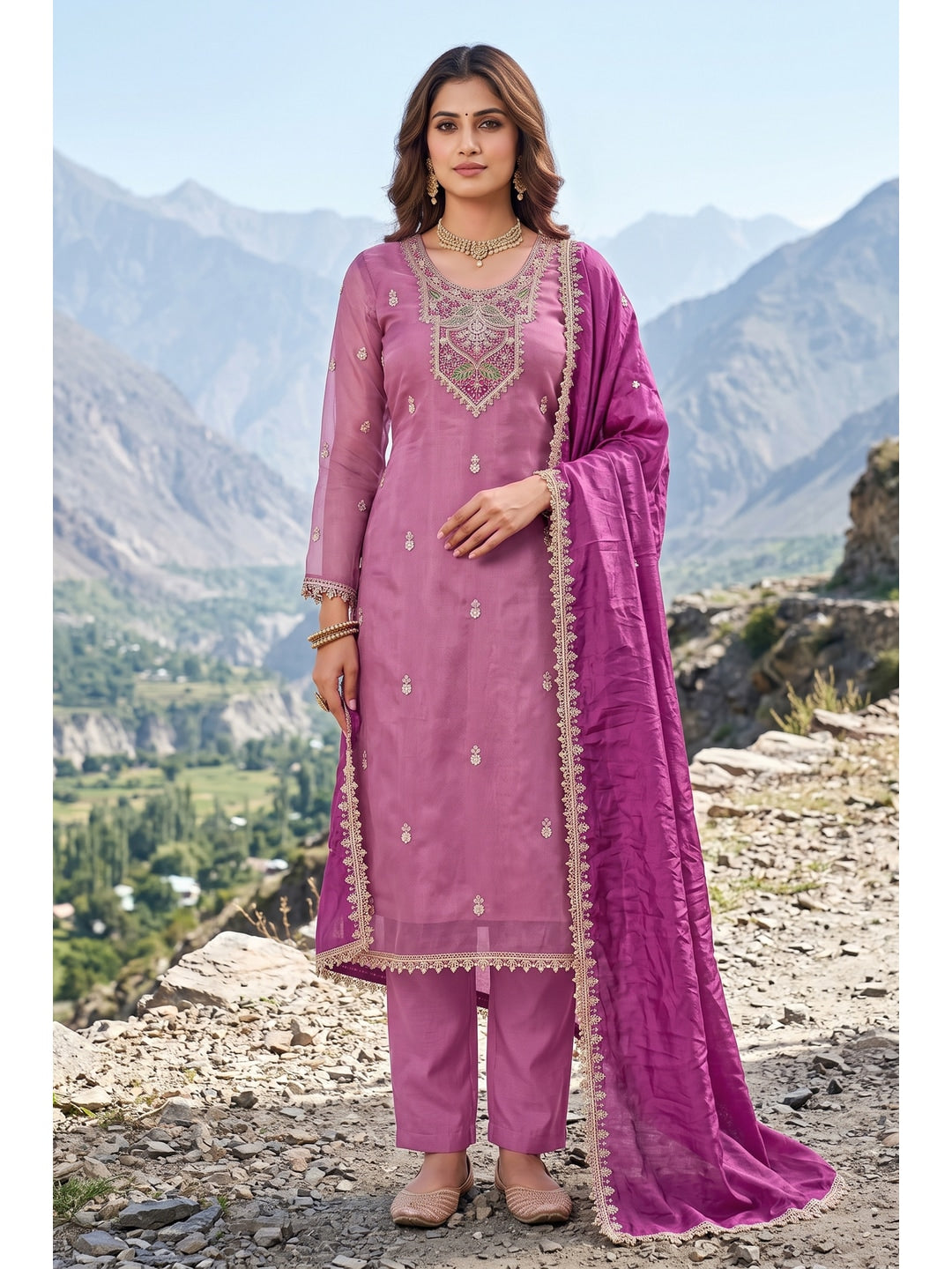 Peachmode Mauve Embroidered Viscose Unstitched Dress Material - Image 2
