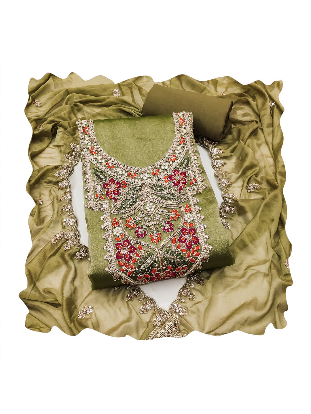 Peachmode Olive Green Embroidered Viscose Unstitched Dress Material - Image 1