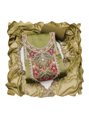 Peachmode Olive Green Embroidered Viscose Unstitched Dress Material - Image 1