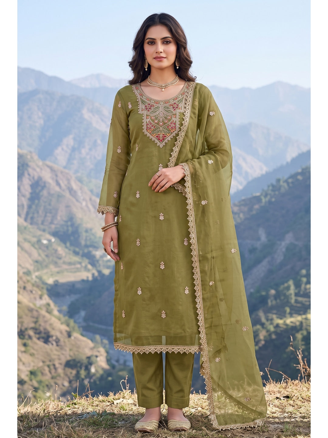 Peachmode Olive Green Embroidered Viscose Unstitched Dress Material - Image 2
