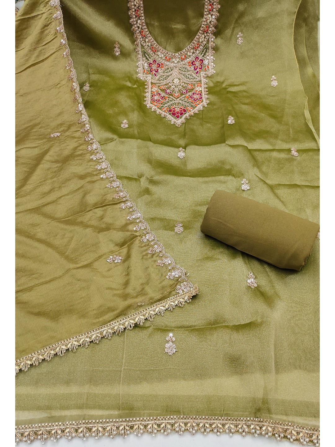 Peachmode Olive Green Embroidered Viscose Unstitched Dress Material - Image 3