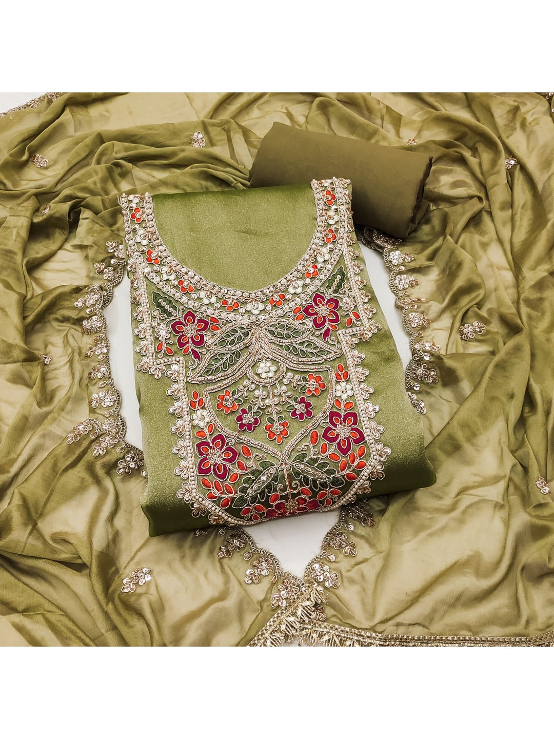 Peachmode Olive Green Embroidered Viscose Unstitched Dress Material - Image 5