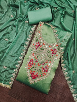 Peachmode Sea Green Embroidered Viscose Unstitched Dress Material - Image 1
