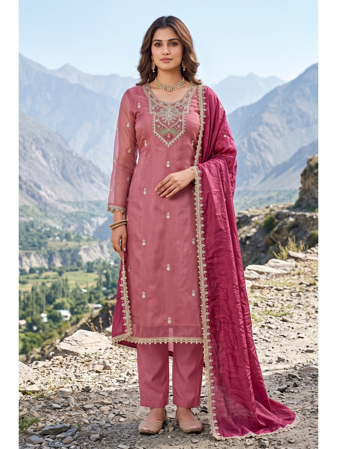 Peachmode Onion Pink Embroidered Viscose Unstitched Dress Material - Image 2