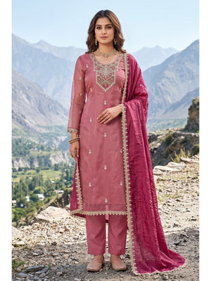 Peachmode Onion Pink Embroidered Viscose Unstitched Dress Material - Image 2