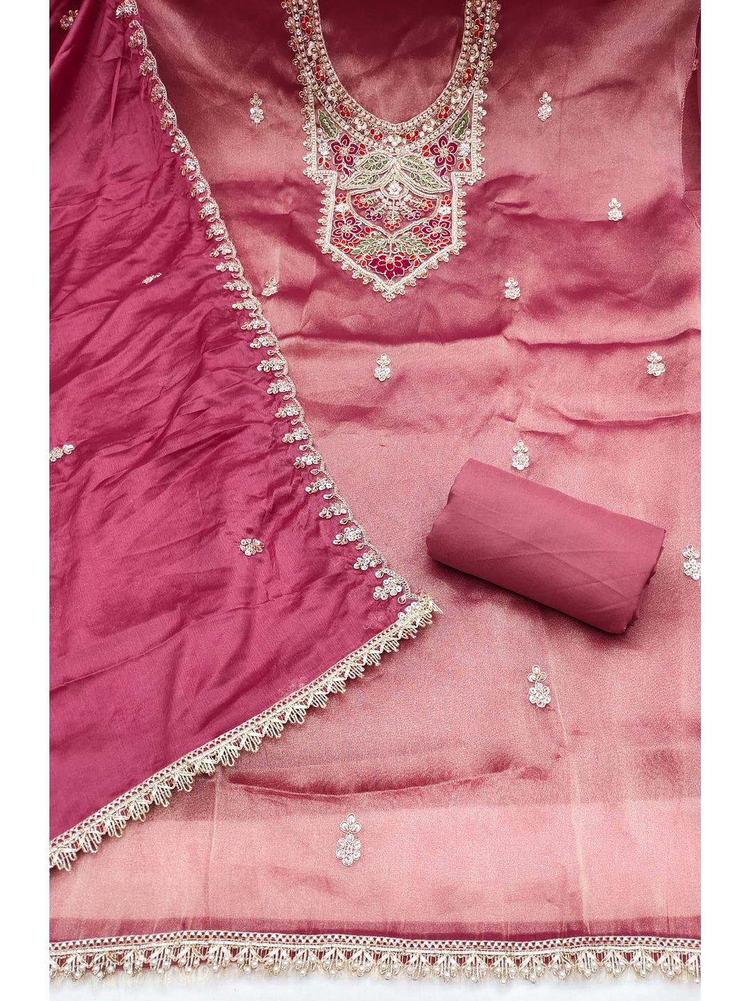 Peachmode Onion Pink Embroidered Viscose Unstitched Dress Material - Image 3
