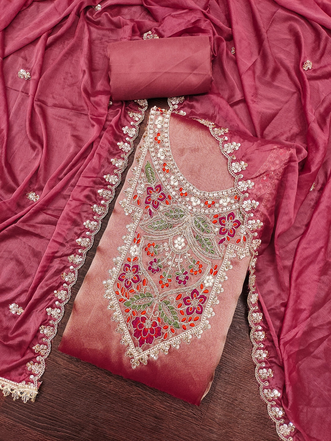 Peachmode Onion Pink Embroidered Viscose Unstitched Dress Material - Image 4