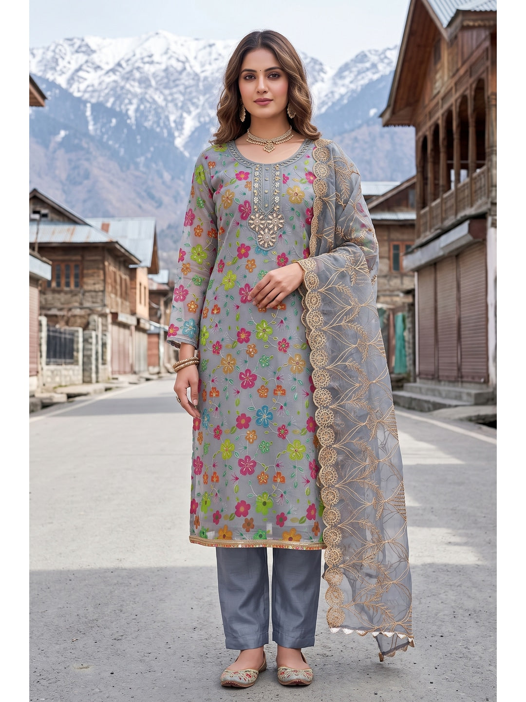Peachmode Grey Floral Printed Viscose Unstitched Dress Material - Image 2