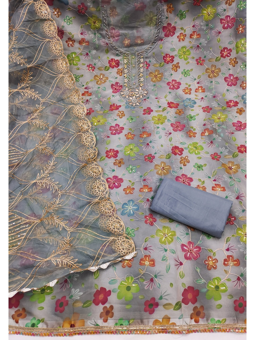 Peachmode Grey Floral Printed Viscose Unstitched Dress Material - Image 3