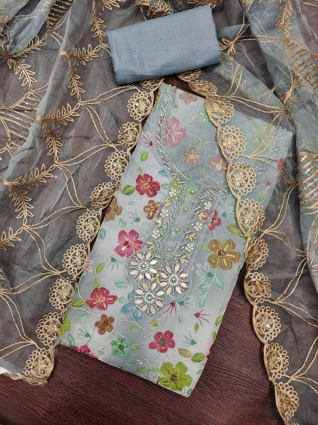 Peachmode Grey Floral Printed Viscose Unstitched Dress Material - Image 4