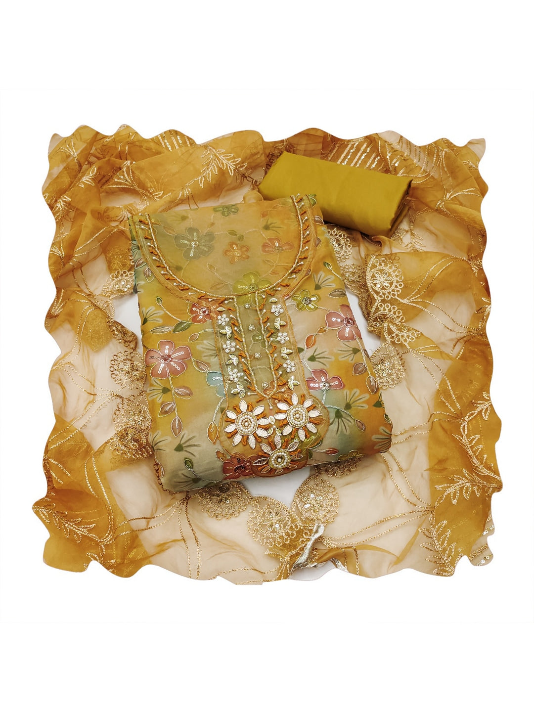 Peachmode Mustard Floral Printed Viscose Unstitched Dress Material - Image 1