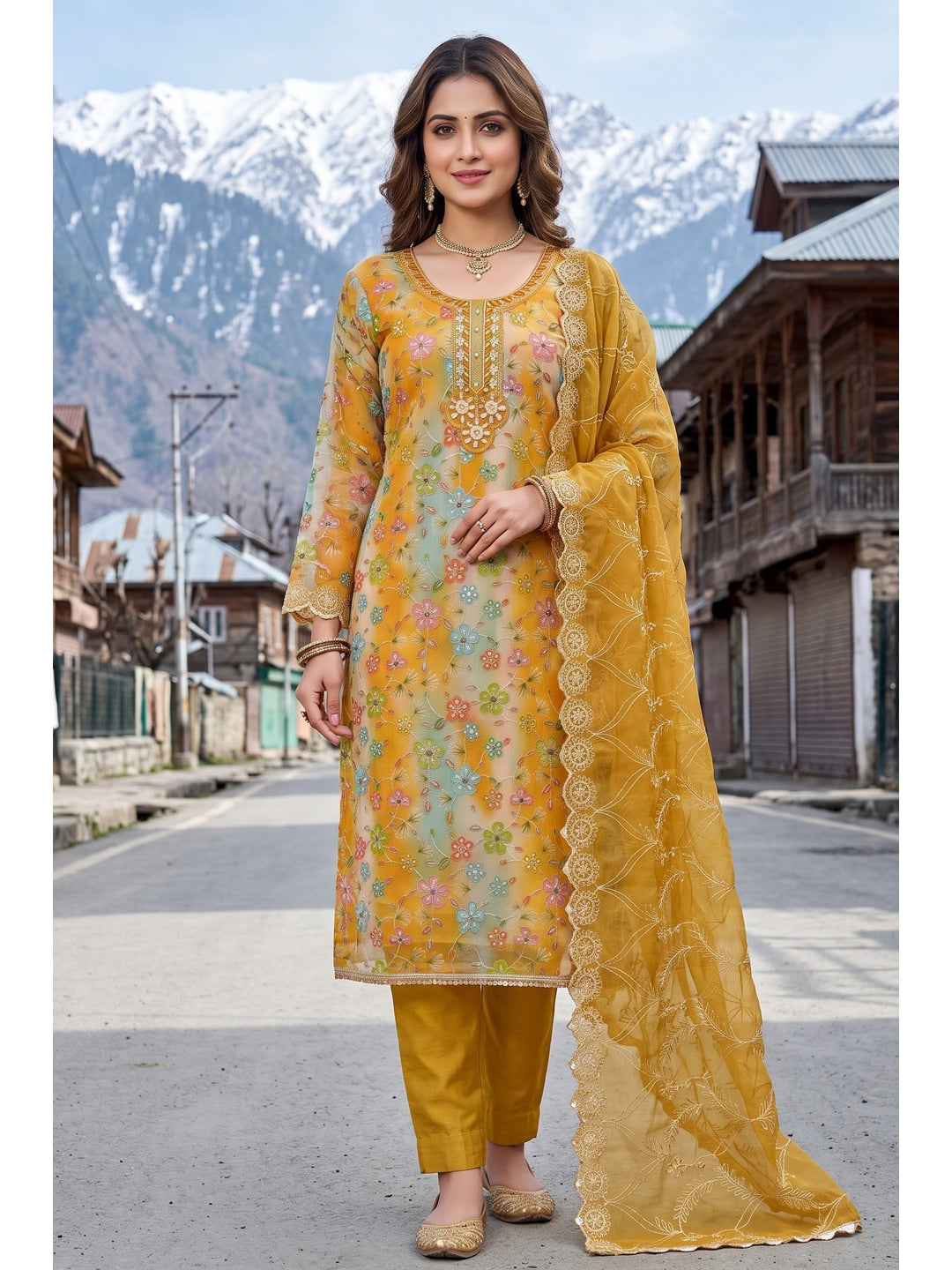 Peachmode Mustard Floral Printed Viscose Unstitched Dress Material - Image 2