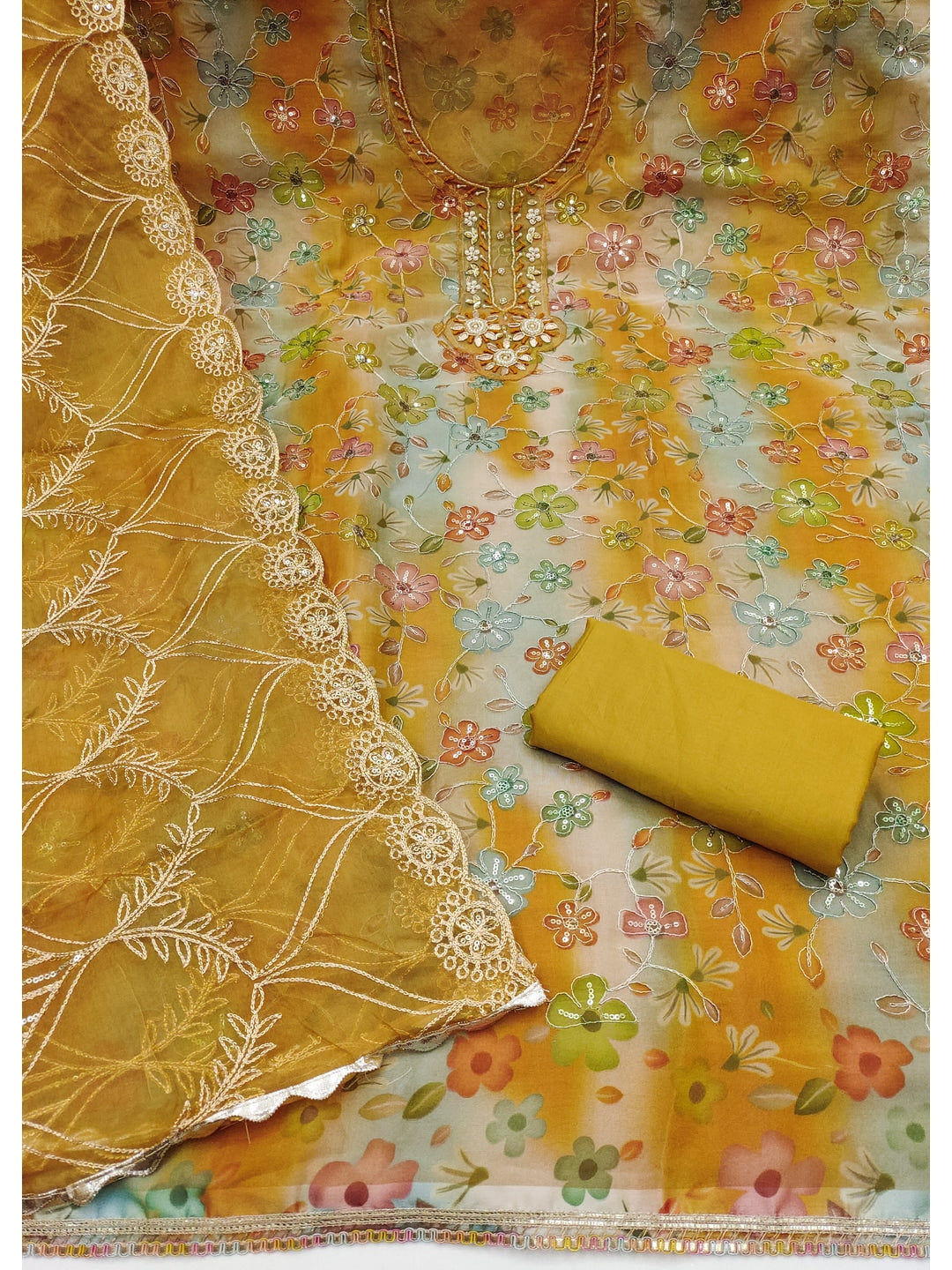 Peachmode Mustard Floral Printed Viscose Unstitched Dress Material - Image 3