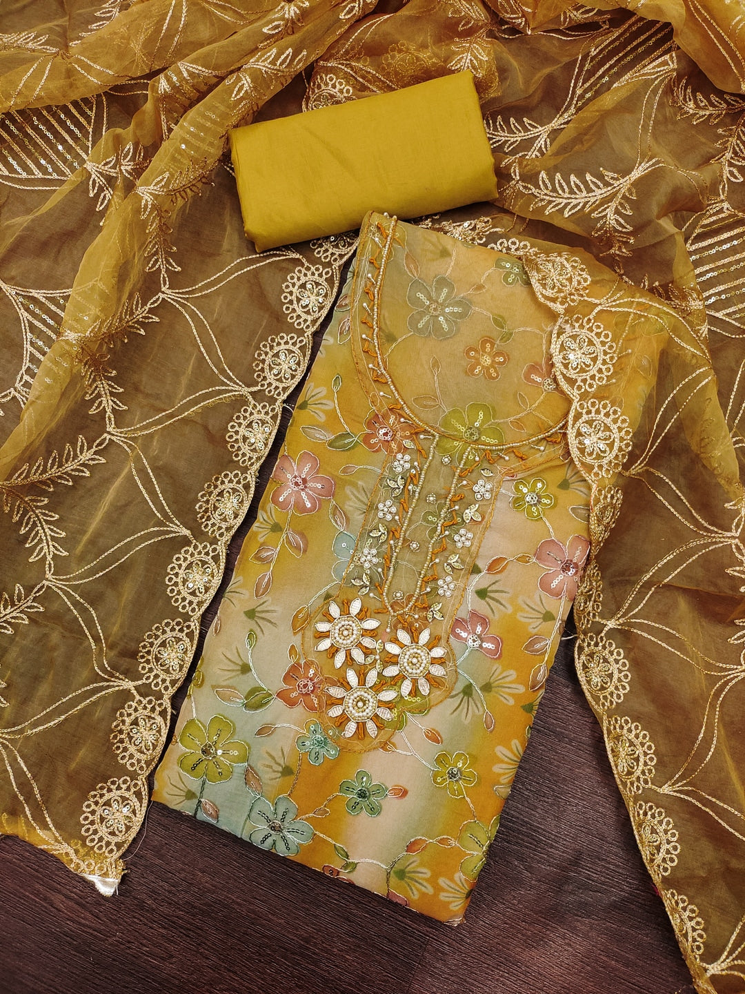 Peachmode Mustard Floral Printed Viscose Unstitched Dress Material - Image 4