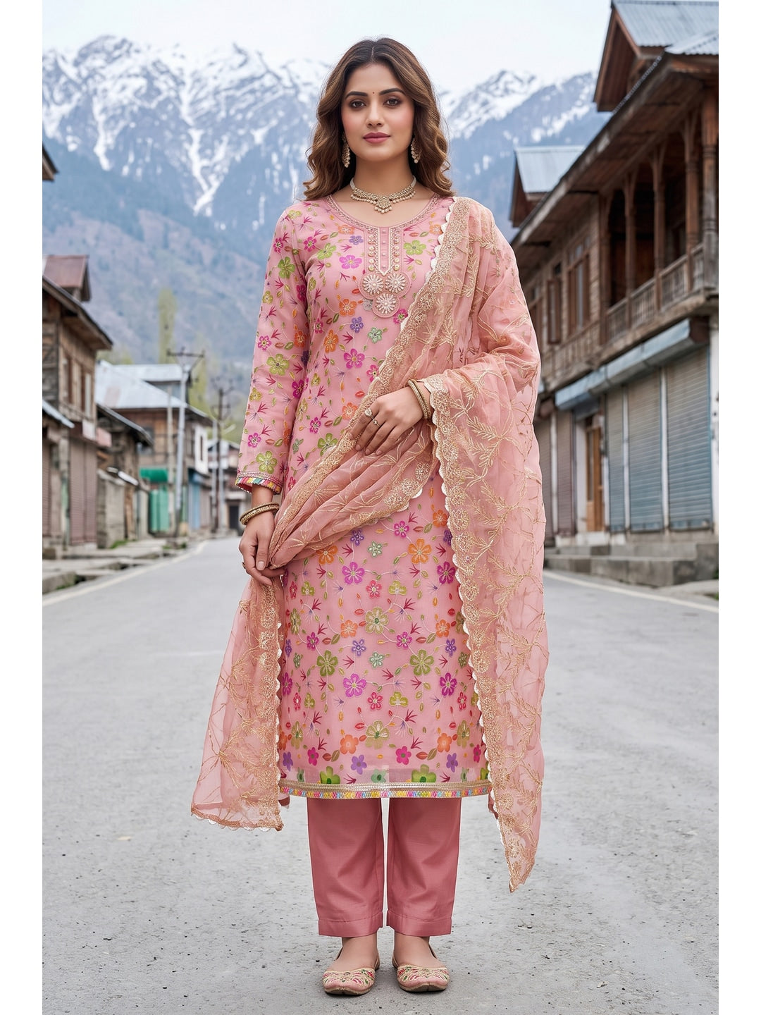 Peachmode Peach Floral Printed Viscose Unstitched Dress Material - Image 2