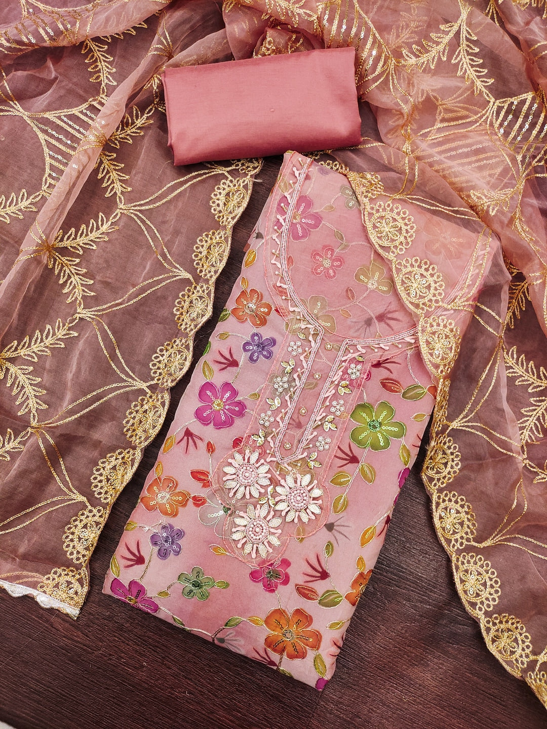 Peachmode Peach Floral Printed Viscose Unstitched Dress Material - Image 4