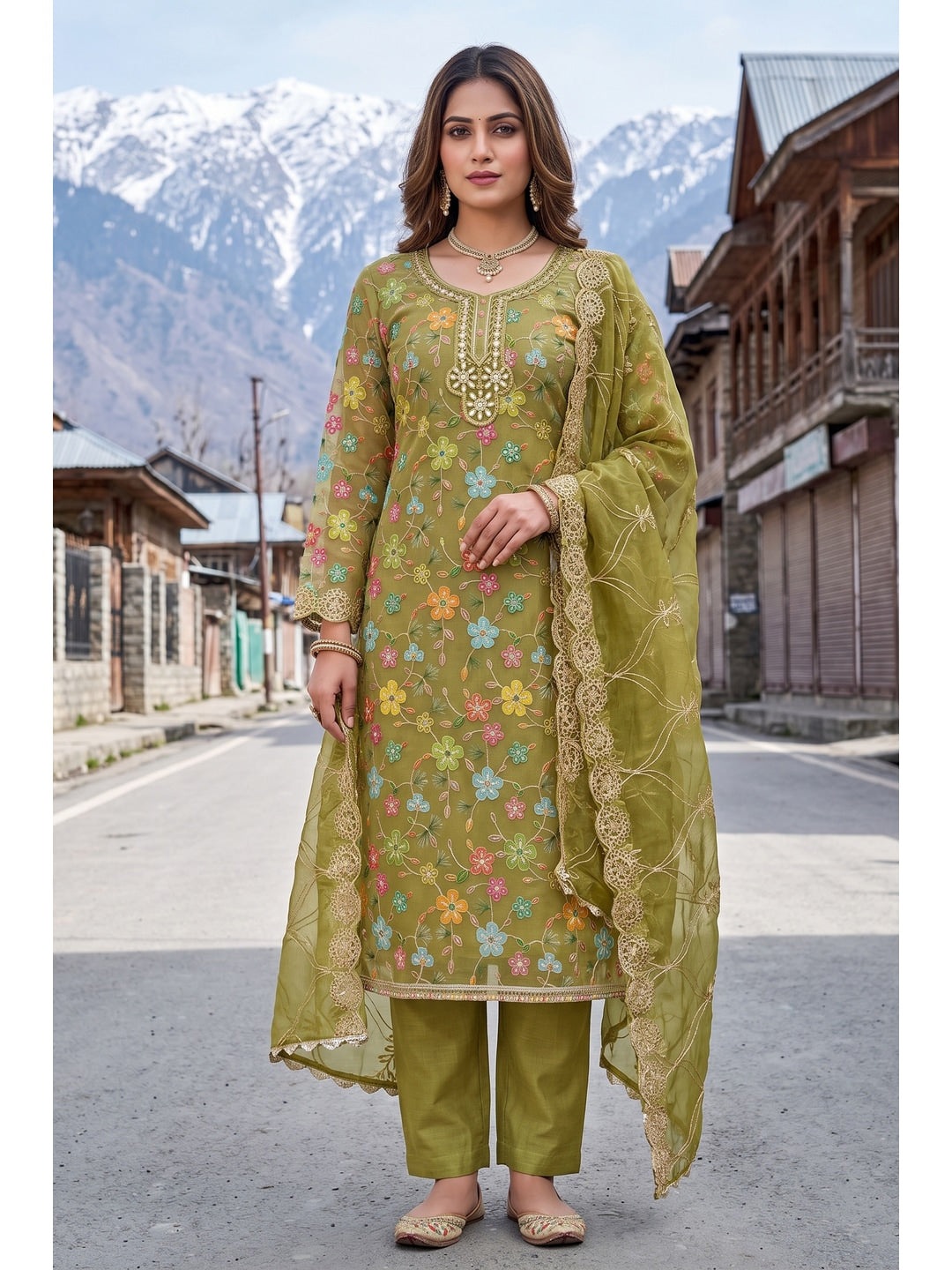 Peachmode Olive Green Floral Printed Viscose Unstitched Dress Material - Image 2