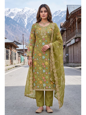 Peachmode Olive Green Floral Printed Viscose Unstitched Dress Material - Image 2