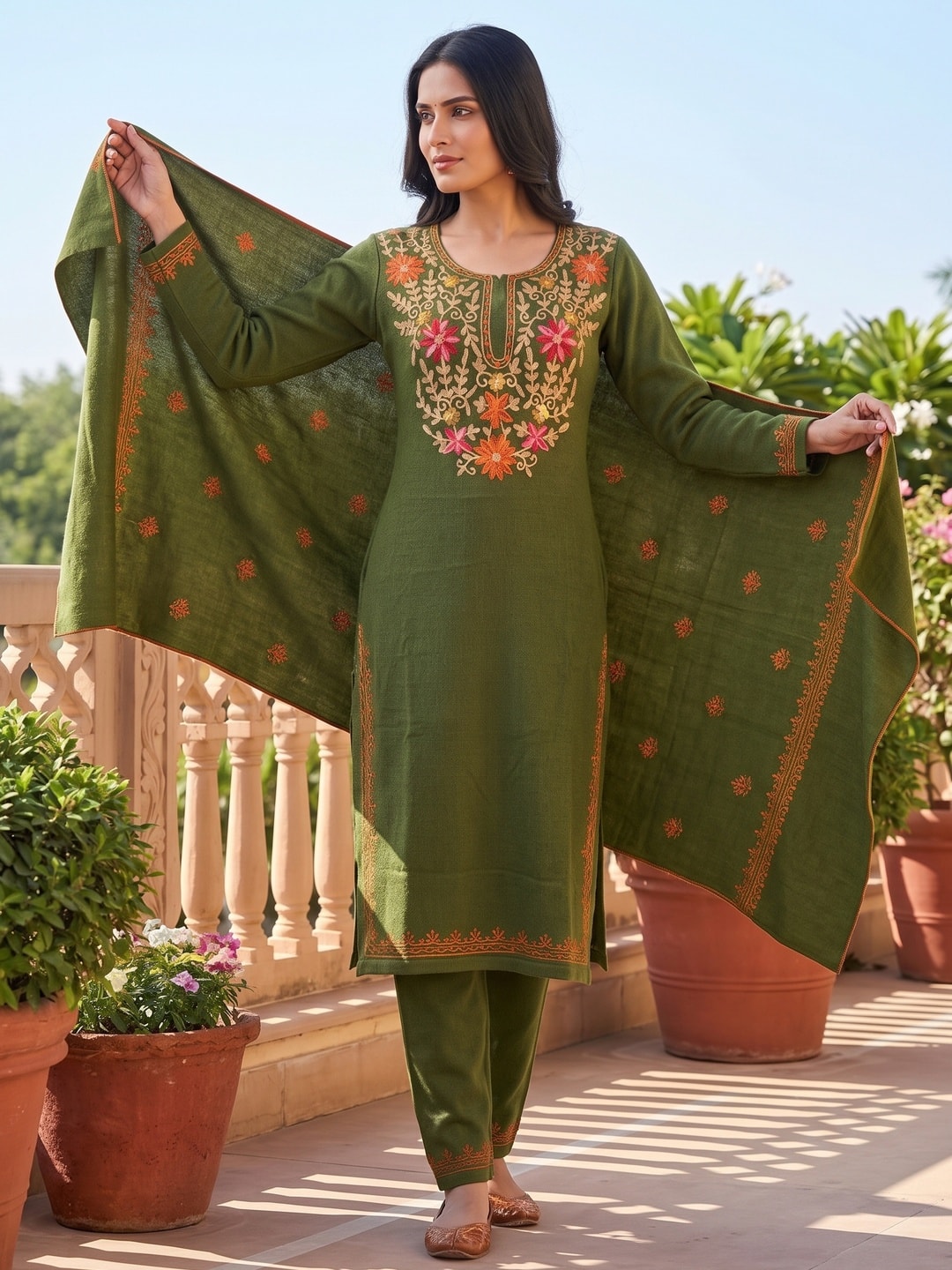 Peachmode Olive Green Woolen Salwar Suit With Floral Embroidery - Image 2