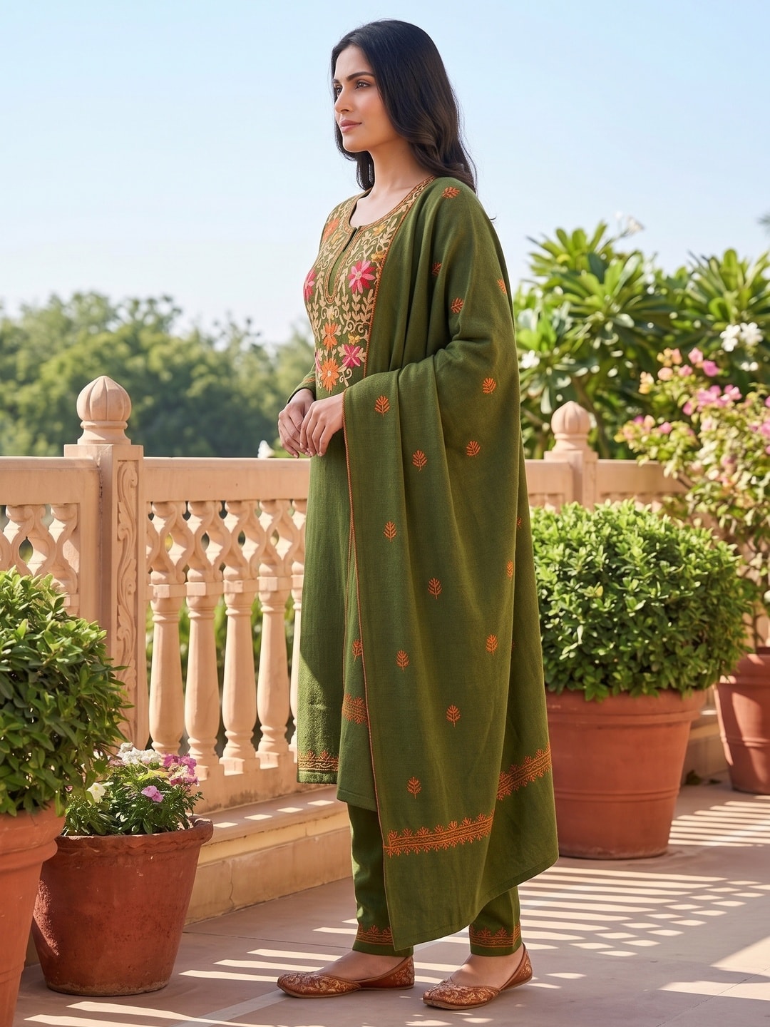 Peachmode Olive Green Woolen Salwar Suit With Floral Embroidery - Image 3
