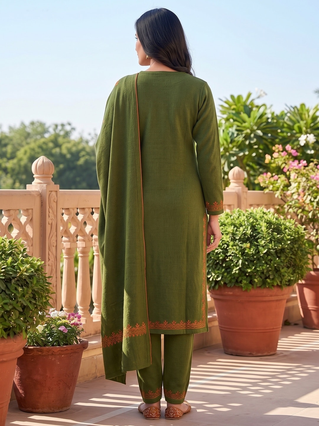 Peachmode Olive Green Woolen Salwar Suit With Floral Embroidery - Image 4