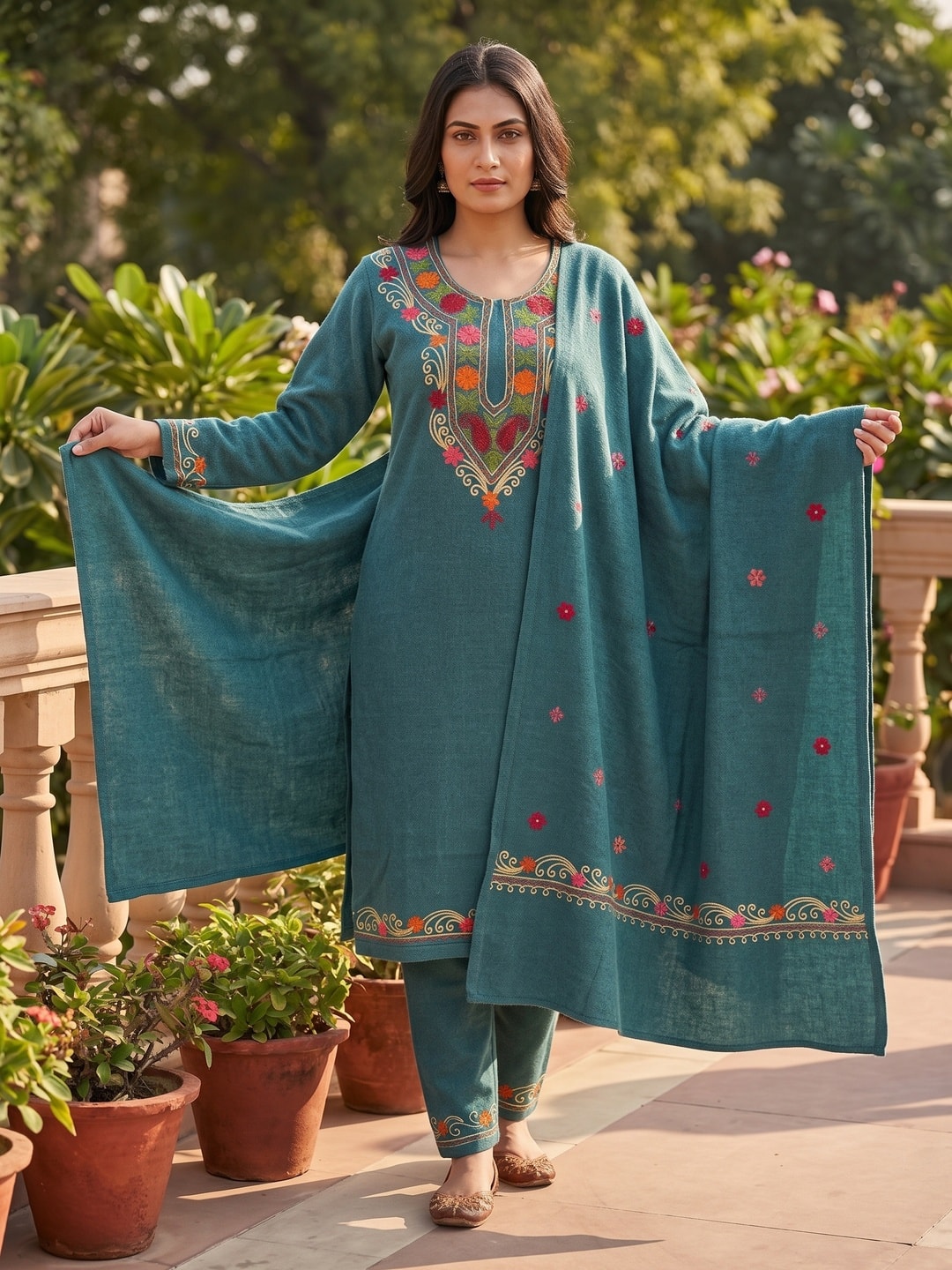 Peachmode Teal Woolen Salwar Suit With Floral Embroidery - Image 2