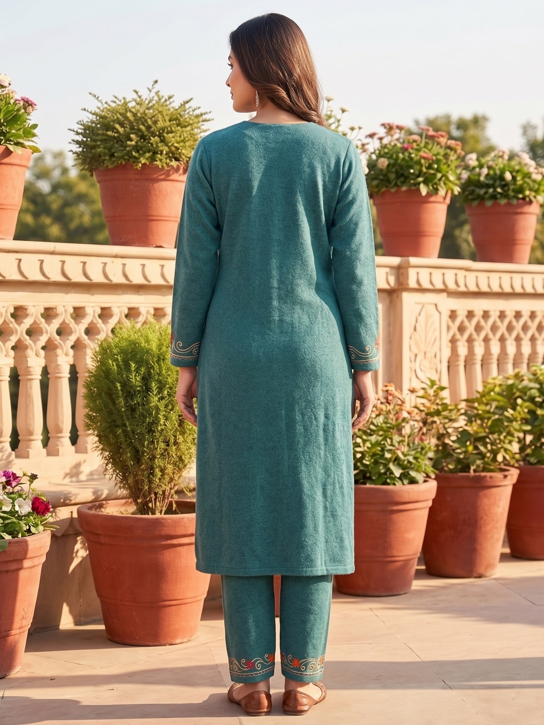 Peachmode Teal Woolen Salwar Suit With Floral Embroidery - Image 4