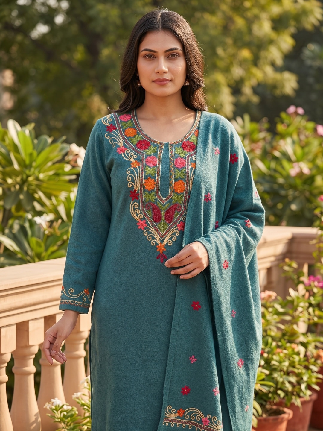 Peachmode Teal Woolen Salwar Suit With Floral Embroidery - Image 5
