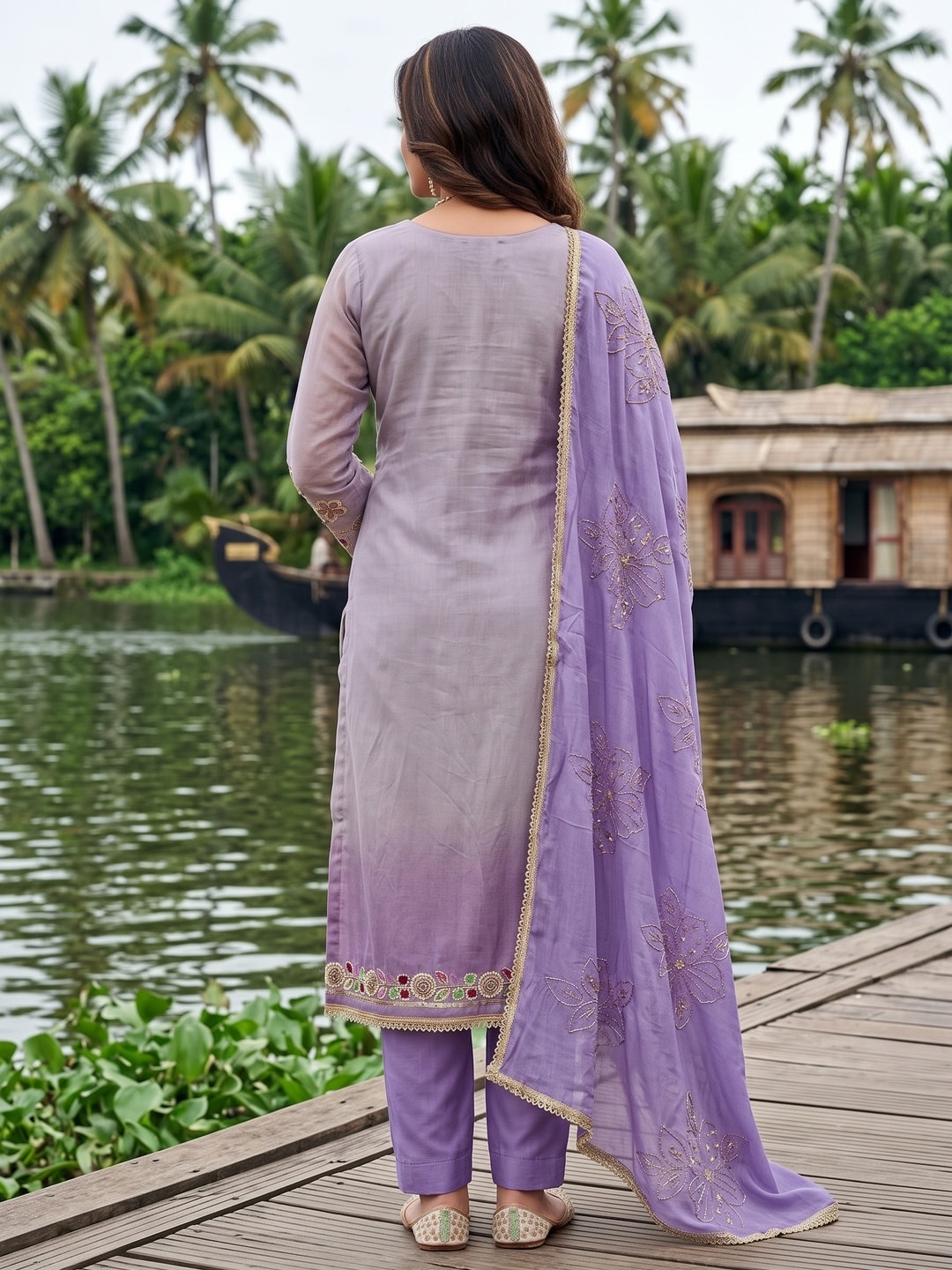 Peachmode Lavender Embroidered Viscose Unstitched Dress Material - Image 3