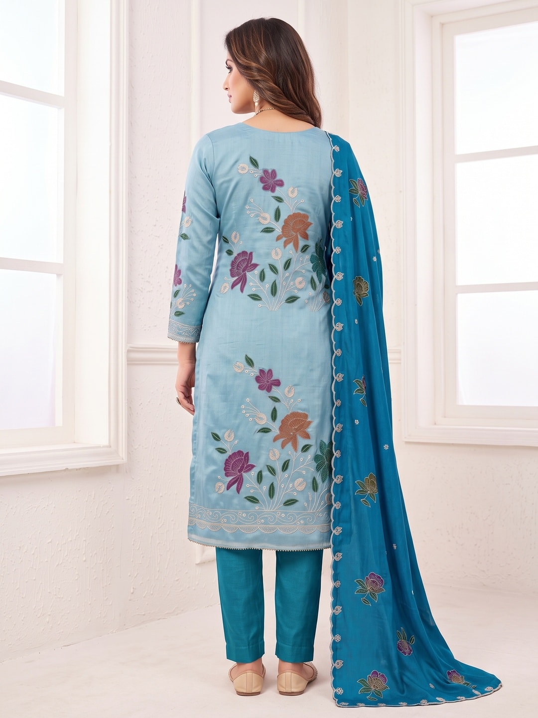 Peachmode Blue Floral Viscose Unstitched Dress Material - Image 3