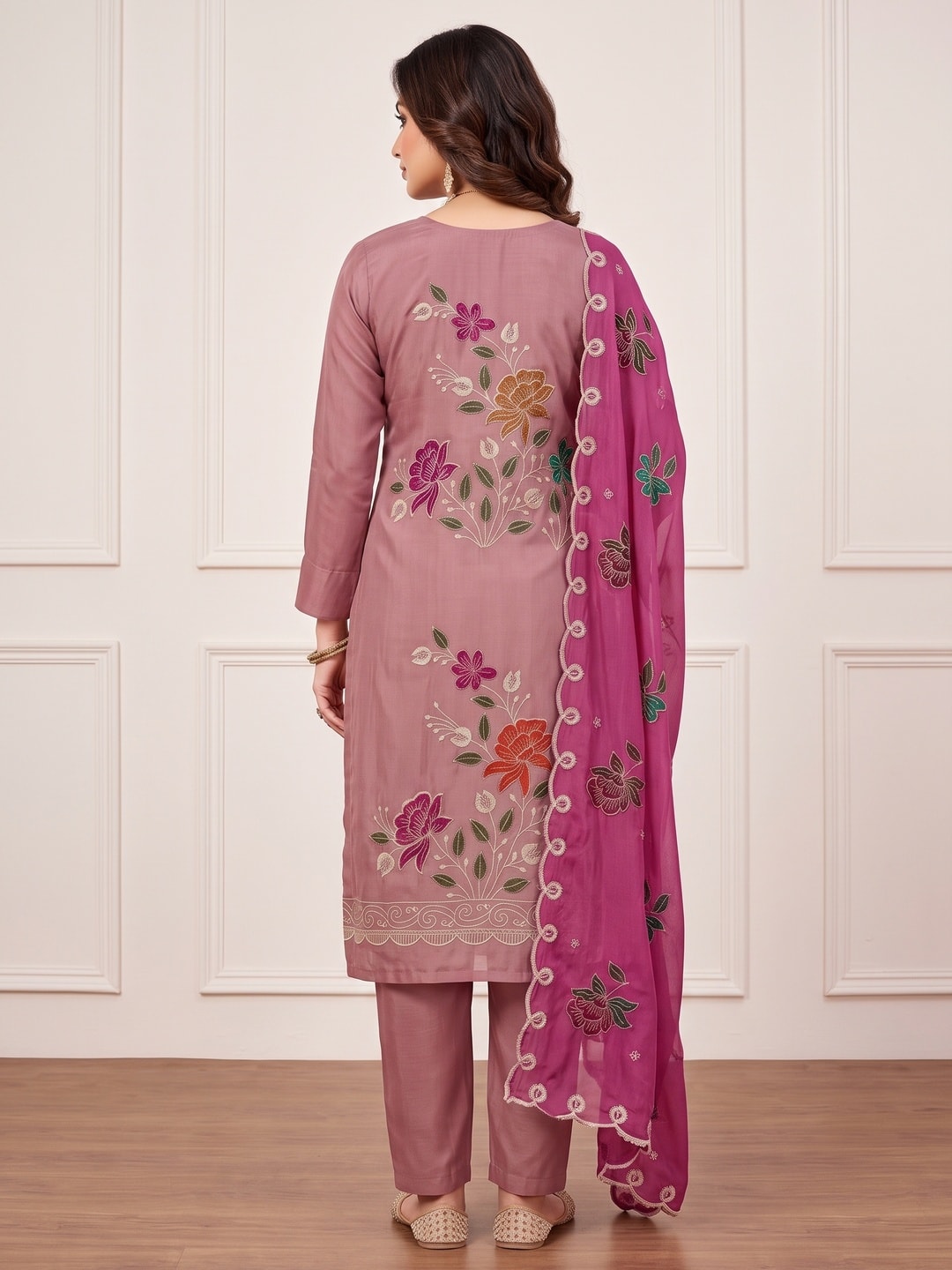 Peachmode Mauve Floral Viscose Unstitched Dress Material - Image 3