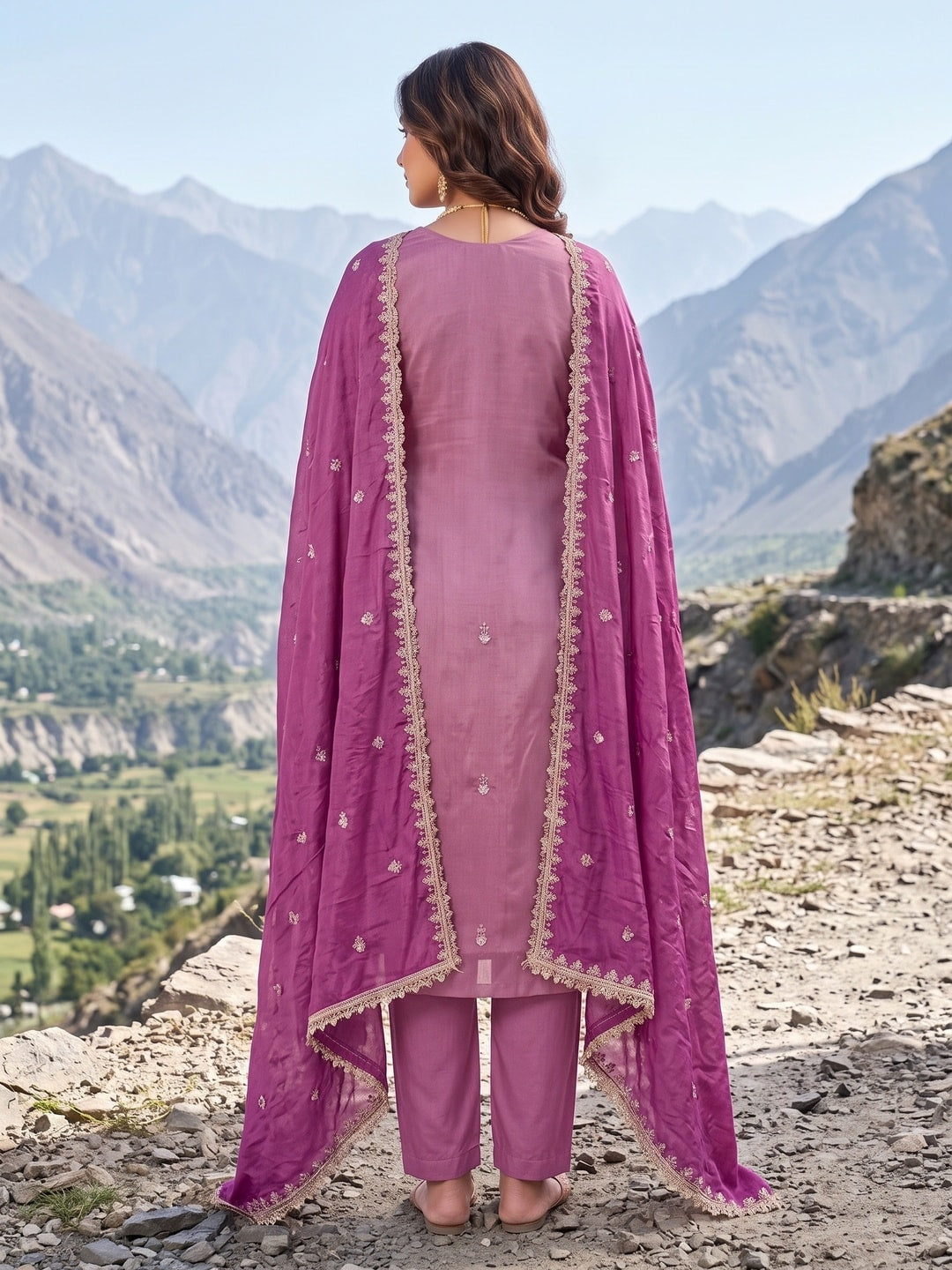 Peachmode Mauve Embroidered Viscose Unstitched Dress Material - Image 3