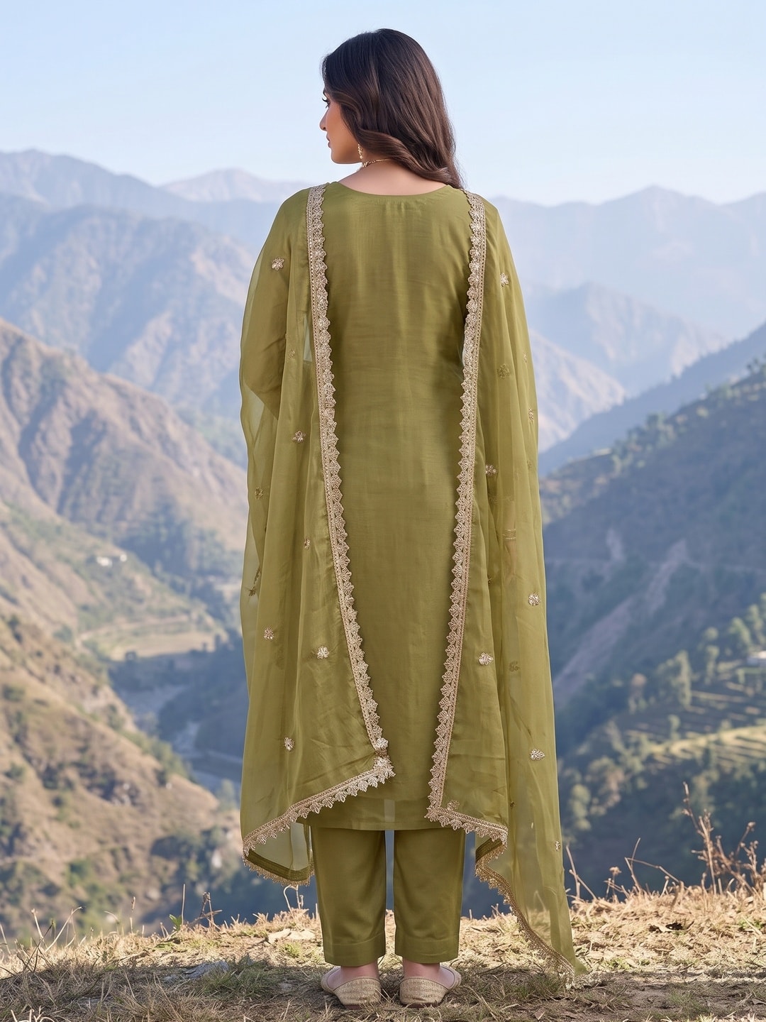 Peachmode Olive Green Embroidered Viscose Unstitched Dress Material - Image 3