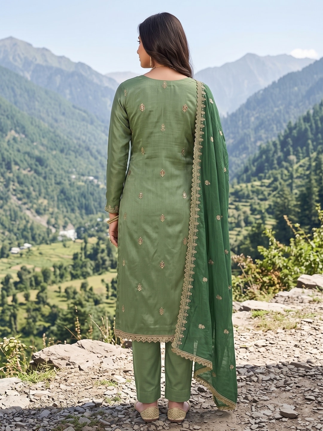 Peachmode Sea Green Embroidered Viscose Unstitched Dress Material - Image 3