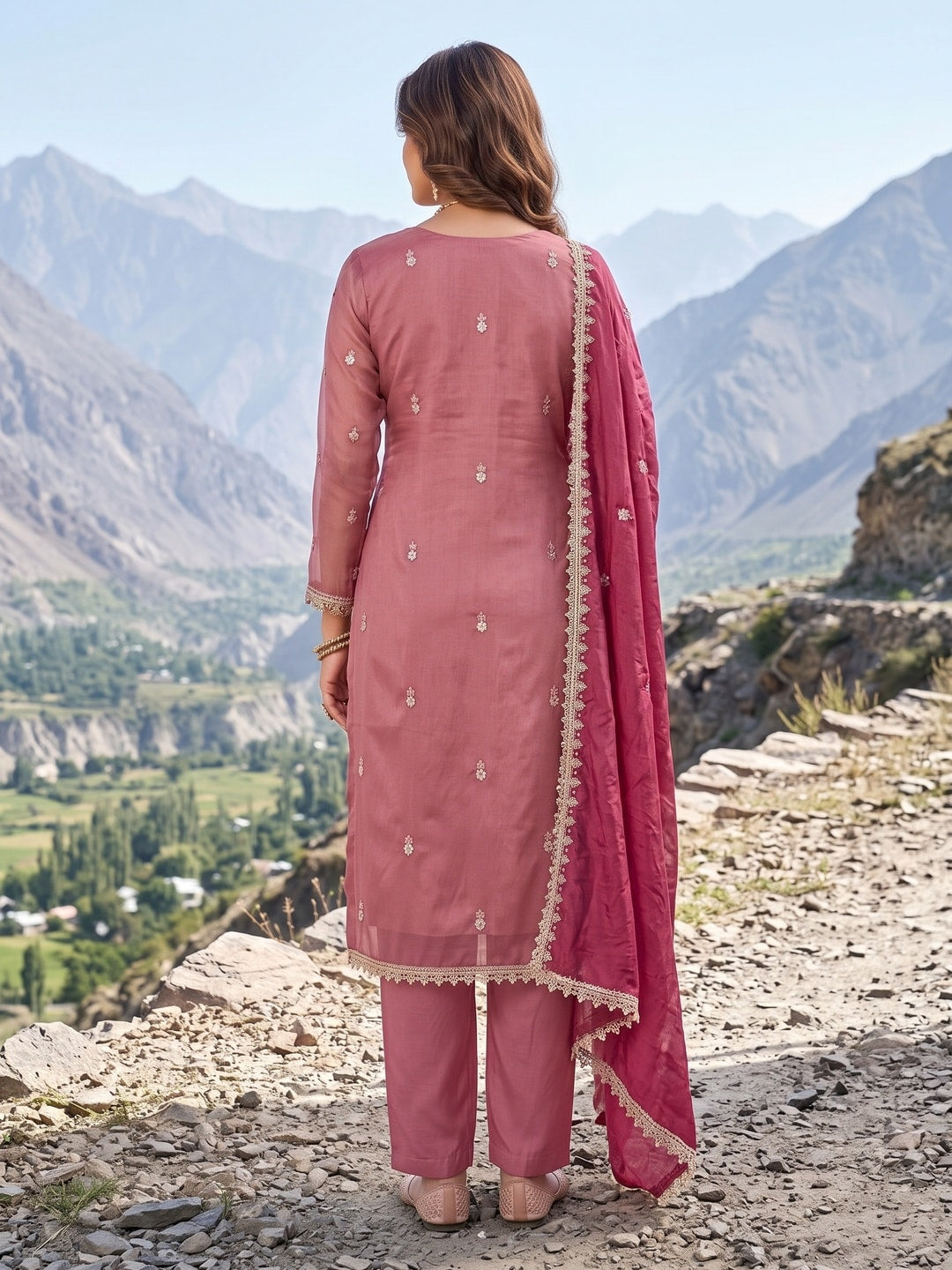 Peachmode Onion Pink Embroidered Viscose Unstitched Dress Material - Image 3