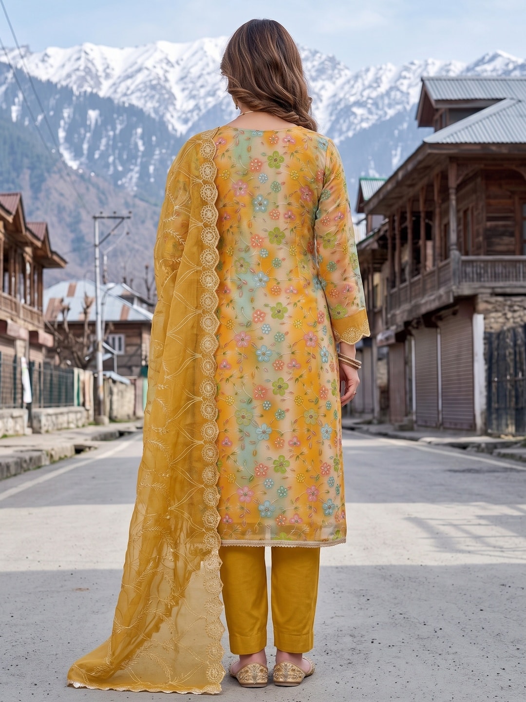 Peachmode Mustard Floral Printed Viscose Unstitched Dress Material - Image 3
