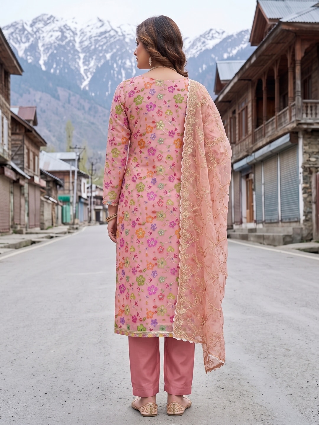 Peachmode Peach Floral Printed Viscose Unstitched Dress Material - Image 3