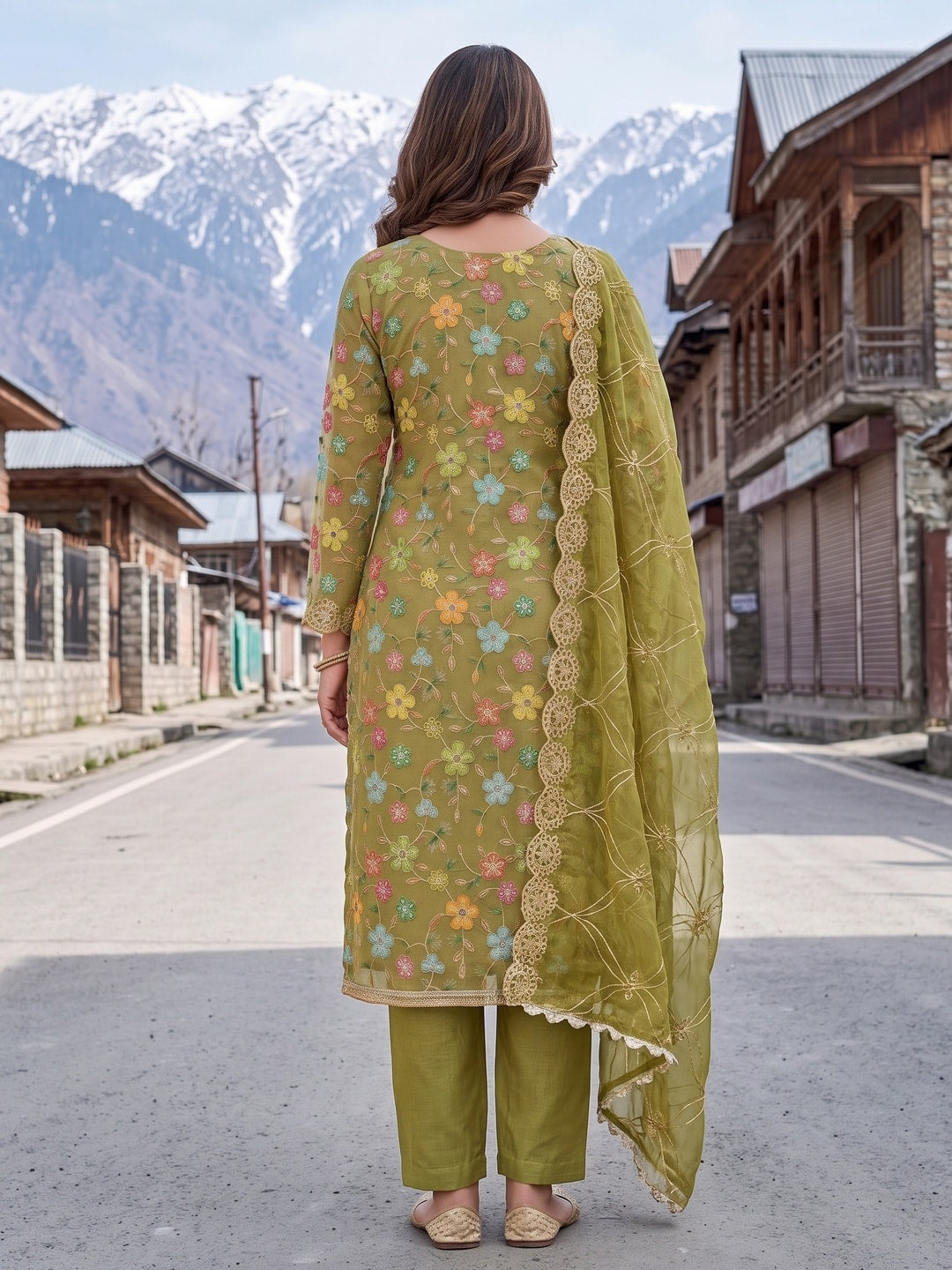 Peachmode Olive Green Floral Printed Viscose Unstitched Dress Material - Image 3
